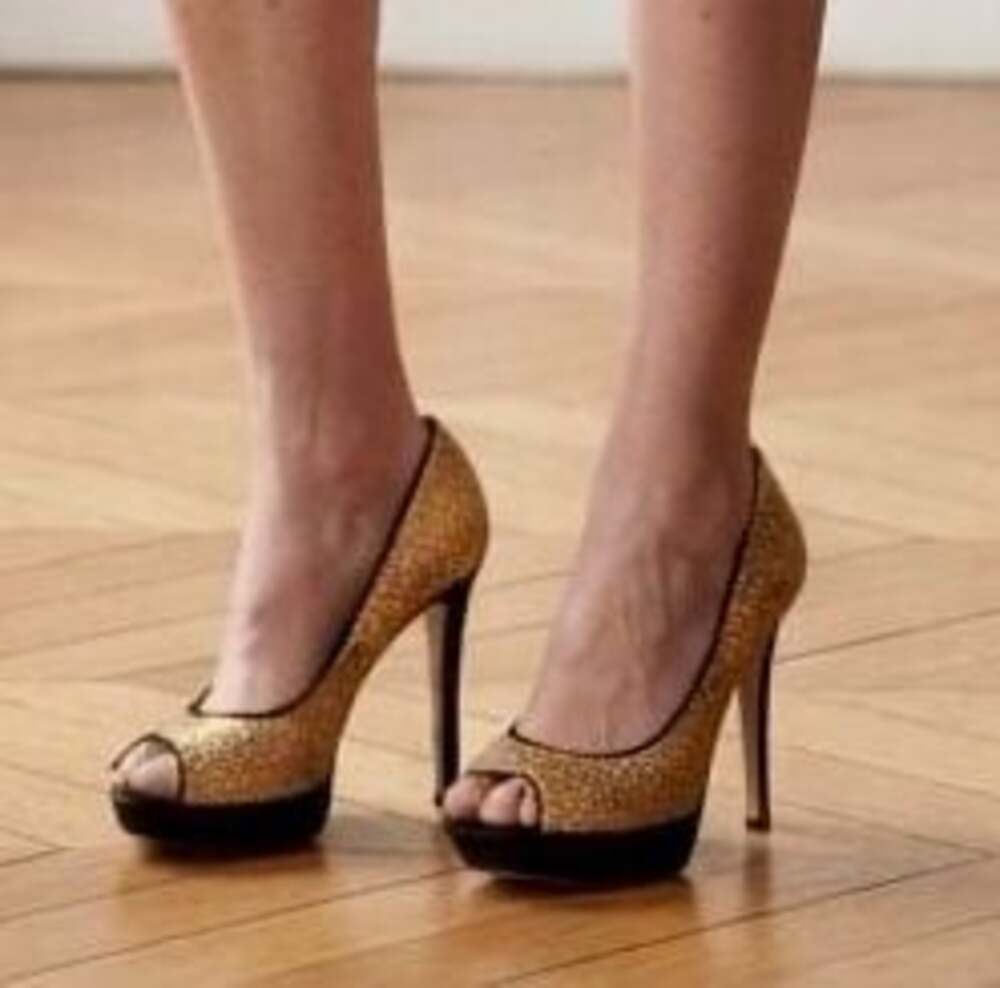 Truth or Dare by Madonna Gold Glitter Peep Toe Platform Stiletto Heels